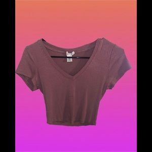 Ribbed short sleeve blush pink deep Vneck crop top